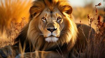 ai généré gros Masculin africain Lion mensonge dans le herbe photo