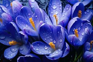 ai généré printemps fleurs de bleu crocus avec gouttes de l'eau photo