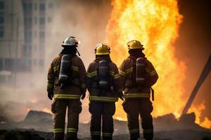 ai généré équipe de sapeurs pompiers dans de face de le flammes photo