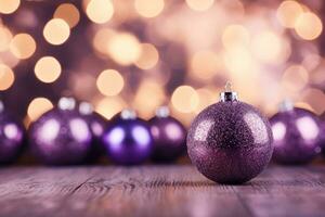 ai généré Noël décorations avec violet Noël des balles et endroit pour texte. photo