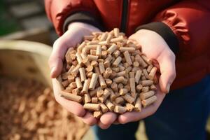 ai généré Masculin mains en portant bois pellets. écologique carburant fabriqué de biomasse. renouvelable énergie source. photo