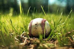 ai généré base-ball Balle dans herbe. photo