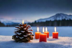 ai généré bougies et pin cônes sur le neige à le coucher du soleil photo