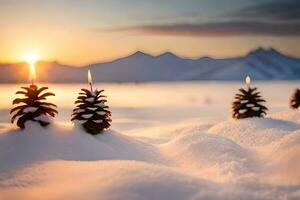 ai généré bougies et pin cônes sur le neige à le coucher du soleil photo