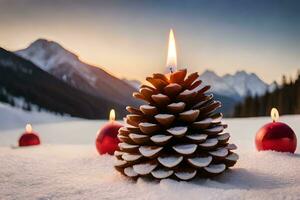 ai généré cinq pin cônes avec bougies dans le neige photo