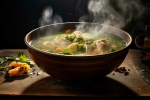 ai généré photo de une rustique et copieux bol de fait maison poulet nouille soupe avec aromatique vapeur en hausse. génératif ai