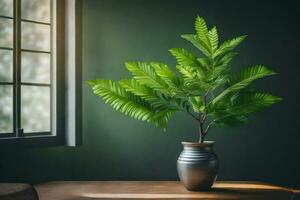 ai généré une mis en pot plante sur une table dans de face de une mur photo