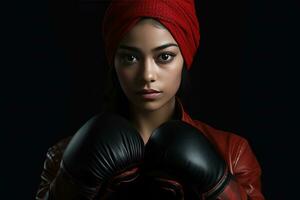 ai généré une magnifique Jeune femme portant rouge cheveux, boxe gants, et permanent dans de face de une noir Contexte. photo