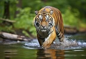 ai généré amour tigre en marchant dans le l'eau. dangereux animal. animal dans une vert forêt flux. génératif ai photo