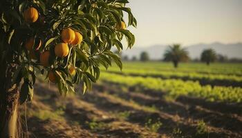 ai généré un Orange arbre est dans le premier plan avec une ferme champ Contexte. génératif ai photo