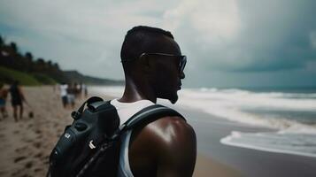 ai généré une photographier de voyageur ou routard dans le plage avec une beaucoup style et beaucoup angle photo