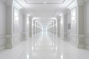 ai généré intérieur conception de une moderne luxueux blanc bâtiment couloir ou couloir avec attendre siège. ai généré photo