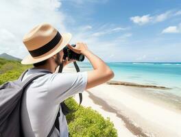 ai généré une photographier de voyageur ou routard dans le plage avec une beaucoup style et beaucoup angle photo