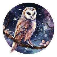 ai généré aquarelle magique hibou séance sur une arbre branche pour T-shirt conception. ai généré photo