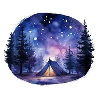 ai généré une camping tente dans le forêt avec nuit ciel, aquarelle pour T-shirt conception. ai généré photo