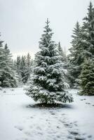 pin des arbres ou décoré Noël arbre couvert par neige sur magnifique l'hiver. Noël thème en plein air par ai généré photo