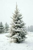 pin des arbres ou décoré Noël arbre couvert par neige sur magnifique l'hiver. Noël thème en plein air par ai généré photo