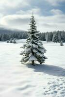 pin des arbres ou décoré Noël arbre couvert par neige sur magnifique l'hiver. Noël thème en plein air par ai généré photo