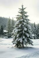 pin des arbres ou décoré Noël arbre couvert par neige sur magnifique l'hiver. Noël thème en plein air par ai généré photo