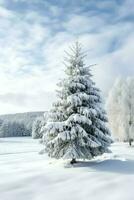 pin des arbres ou décoré Noël arbre couvert par neige sur magnifique l'hiver. Noël thème en plein air par ai généré photo