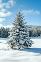 pin des arbres ou décoré Noël arbre couvert par neige sur magnifique l'hiver. Noël thème en plein air par ai généré photo