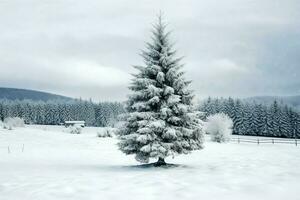 pin des arbres ou décoré Noël arbre couvert par neige sur magnifique l'hiver. Noël thème en plein air par ai généré photo