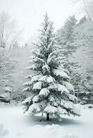 pin des arbres ou décoré Noël arbre couvert par neige sur magnifique l'hiver. Noël thème en plein air par ai généré photo