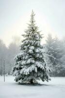 pin des arbres ou décoré Noël arbre couvert par neige sur magnifique l'hiver. Noël thème en plein air par ai généré photo