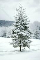 pin des arbres ou décoré Noël arbre couvert par neige sur magnifique l'hiver. Noël thème en plein air par ai généré photo