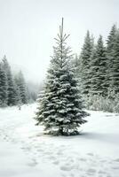 pin des arbres ou décoré Noël arbre couvert par neige sur magnifique l'hiver. Noël thème en plein air par ai généré photo