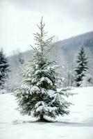 pin des arbres ou décoré Noël arbre couvert par neige sur magnifique l'hiver. Noël thème en plein air par ai généré photo