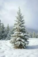 pin des arbres ou décoré Noël arbre couvert par neige sur magnifique l'hiver. Noël thème en plein air par ai généré photo