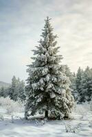 pin des arbres ou décoré Noël arbre couvert par neige sur magnifique l'hiver. Noël thème en plein air par ai généré photo