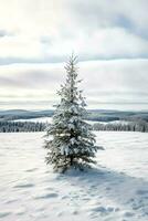 pin des arbres ou décoré Noël arbre couvert par neige sur magnifique l'hiver. Noël thème en plein air par ai généré photo