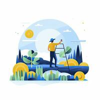 ai généré minimaliste ui illustration de une agriculteur récolte cultures dans une plat illustration style sur une blanc Contexte photo