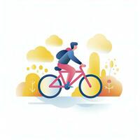 ai généré minimaliste ui illustration de une cycliste équitation par le parc dans une plat illustration style sur une blanc Contexte photo