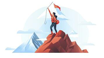 ai généré triomphant alpiniste à sommet, minimaliste plat conception illustration sur blanc photo