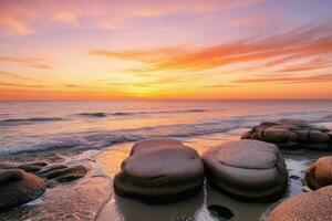 ai généré magnifique rochers sur le plage à le coucher du soleil. pro photo