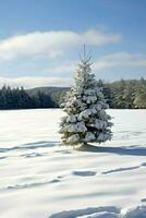 pin des arbres ou décoré Noël arbre couvert par neige sur magnifique l'hiver. Noël thème en plein air par ai généré photo