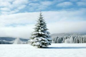 pin des arbres ou décoré Noël arbre couvert par neige sur magnifique l'hiver. Noël thème en plein air par ai généré photo