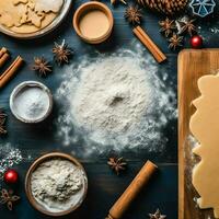 plat allonger de cuisine fait maison Noël cuisson Ingrédients ou pain d'épice biscuits mis sur table concept par ai généré photo