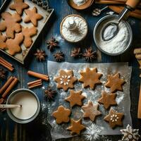 plat allonger de cuisine fait maison Noël cuisson Ingrédients ou pain d'épice biscuits mis sur table concept par ai généré photo