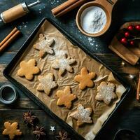 plat allonger de cuisine fait maison Noël cuisson Ingrédients ou pain d'épice biscuits mis sur table concept par ai généré photo