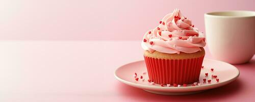 ai généré amoureux petit gâteau délice avec confortable boisson photo