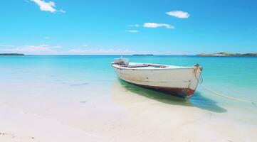 ai généré mer bateau à une plage avec bleu ciel en mouvement à travers il photo