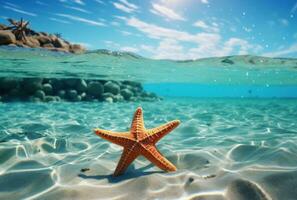 ai généré étoile de mer dans le océan surface avec l'eau se précipiter plus de le sable photo