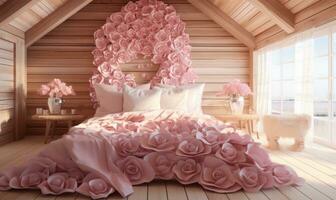 ai généré rose des roses et cœur fabriqué de Rose pétales sur une en bois lit photo