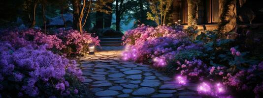 ai généré nuit allumé jardin avec violet lumières sur le sol photo