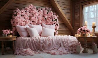 ai généré rose des roses et cœur fabriqué de Rose pétales sur une en bois lit photo