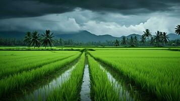 ai généré vert riz des champs dans le pluvieux saison magnifique Naturel paysage photo